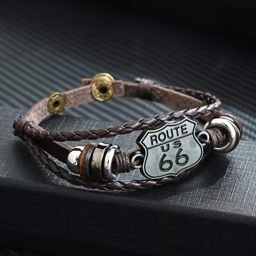 Route 66 Bracelet Mens Woven Bohemian Brown Metal Charm New Retro 100 Years
